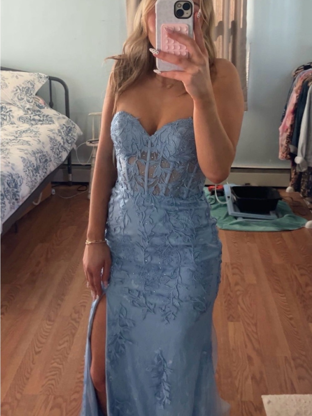 Strapless Light Blue Lace Mermaid Gown with Thigh Slit